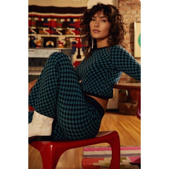 Daydreamer Checkered Knit Pants & Knit Crop Sweater Set in Teal Check - Picture 1 of 13